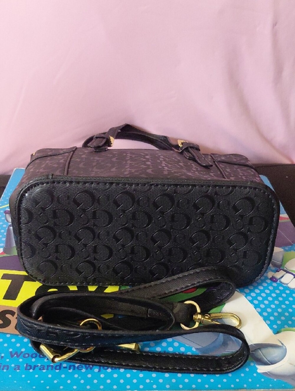 GUESS Black Embossed Logo Mini Tote with Gold Hardware - Picture 4 of 4
